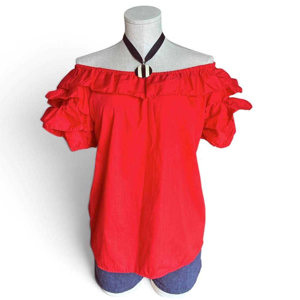 Vintage 70s Red Off Shoulder Peasant Blouse Small Ruffle Sleeves